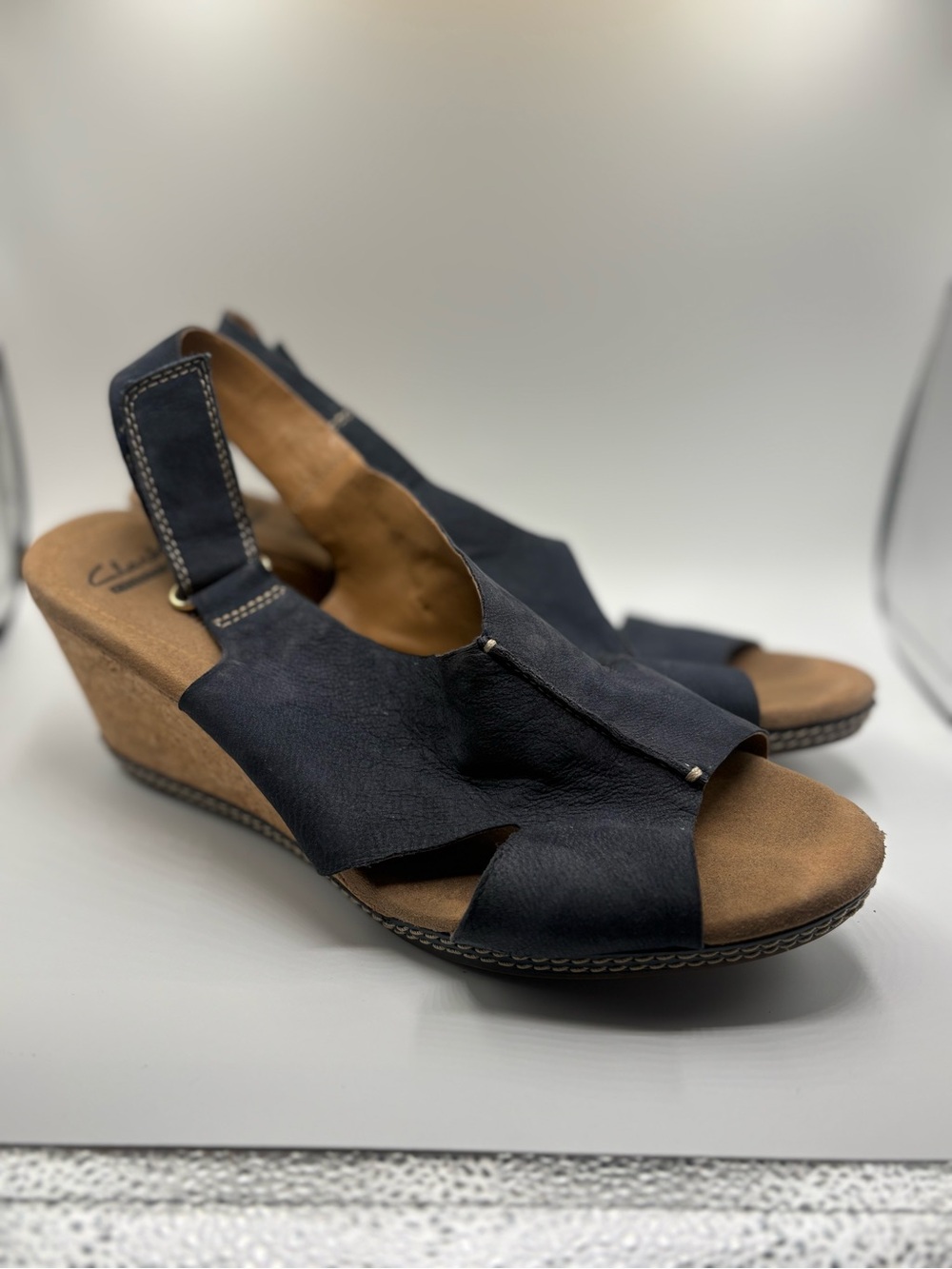 Clarks Navy Leather Slingback Wedge Sandals 10 Womens